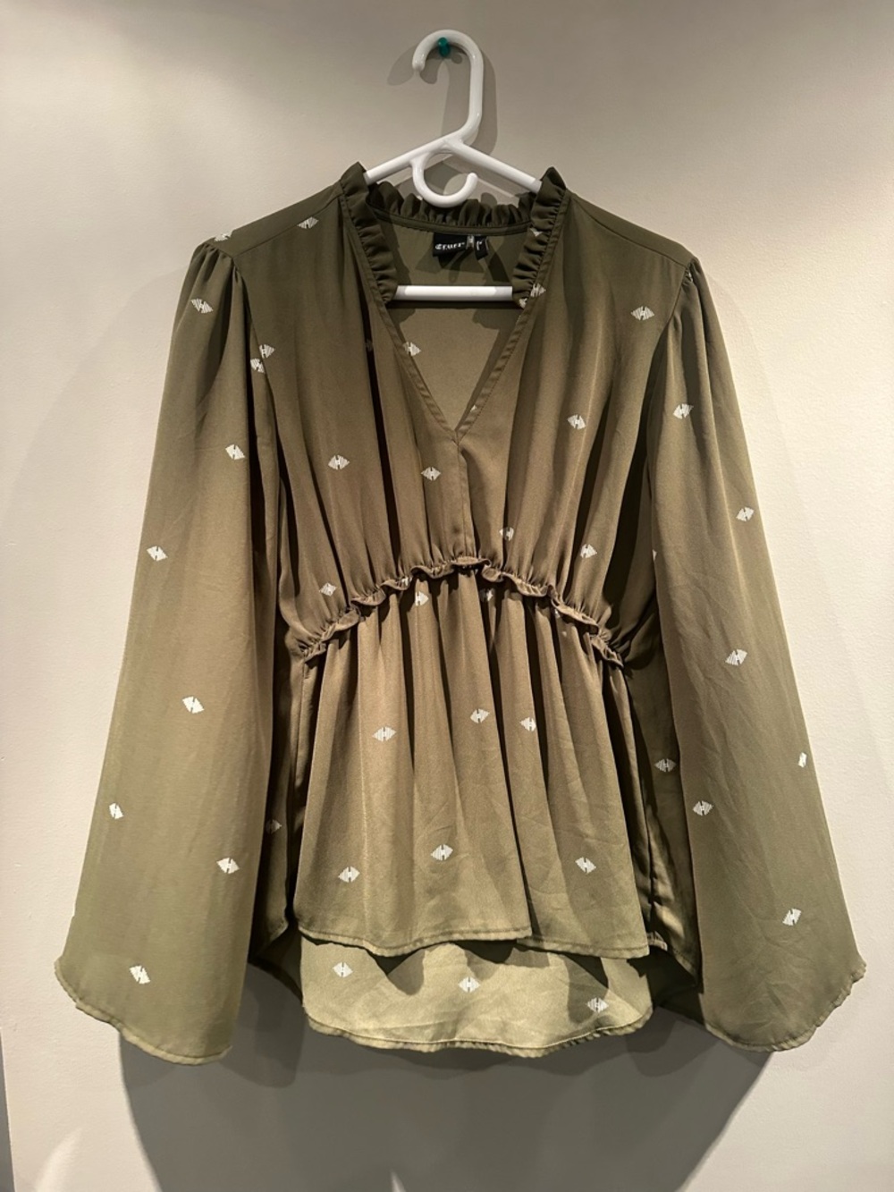 Cruel Girl Olive Ruffle V-Neck Peplum Blouse with White Dot Motif